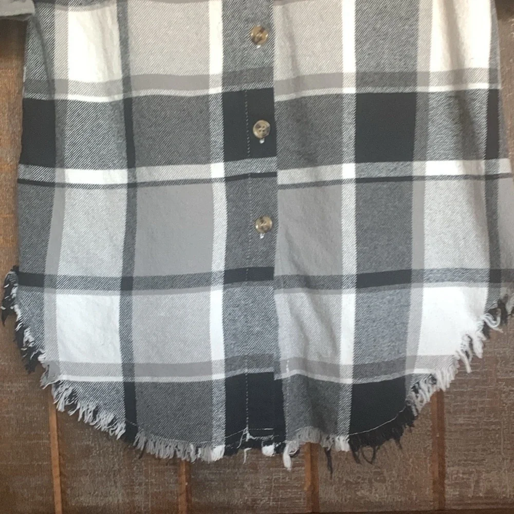 Plaid flannel dress with fringe frayed bottom black gray white size XS hayride - Picture 6 of 9